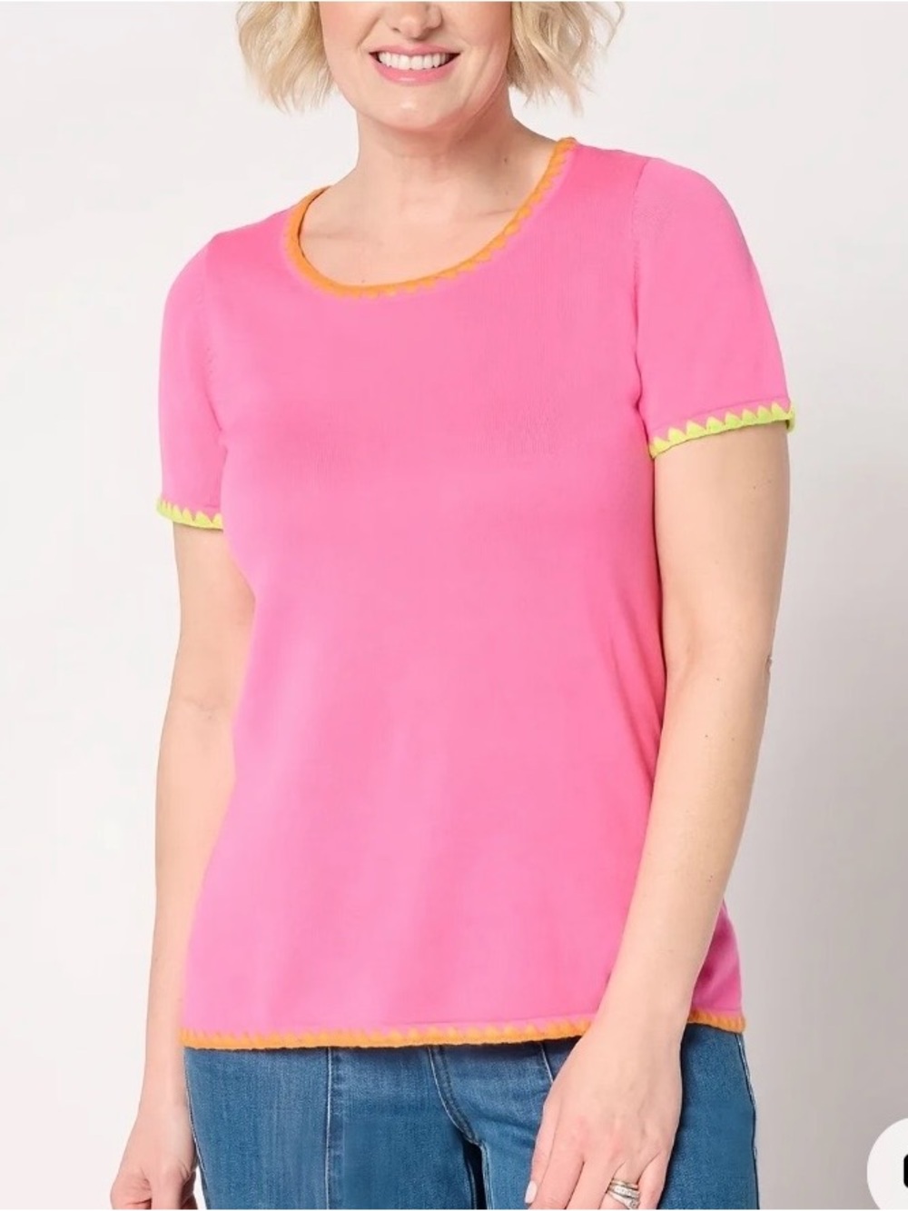 Belle by Kim Gravel Bright Pink Short-Sleeve Top with Contrast Trim